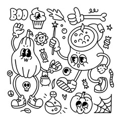 Wall Mural - Halloween Coloring page. Black and white linear vector illustration with happy pumpkin, witch cauldron retro cartoon characters and other spooky elements. Vintage 70s toons style