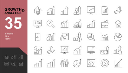 Growth and Analytics Editable Icons set. Vector illustration in modern thin line style of business icons: diagrams, graphs, financial profits, progress. Pictograms and infographics