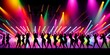 © useful pictures - A crowd of people in silhouette raises their hands on dancefloor on neon light background. Night life, club, music, dance, motion, youth. Purple-pink colors and moving girls and boys. Generative AI