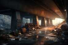 A Homeless Encampment Under A Bridge. Reflecting The Harsh Reality Of Insufficient Affordable Housing. Concept Of Urban Decay. Generative AI