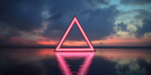 Sticker - Generative AI, abstract geometric background, clouds, sea and glowing neon triangular frame. Minimal futuristic seascape with reflection in the water.