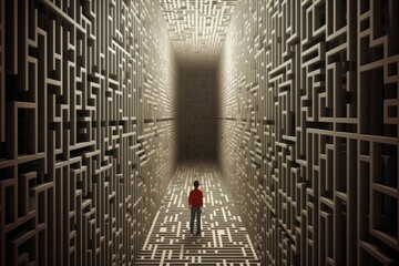 Person lost or trapped inside giant barcode maze looking for way out. Concept of maze runner and barcode prisoner. Generative AI