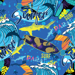 seamless abstract summer pattern with surfer, shark, dolphin, bright colors, for textiles, prints, for boy and girl