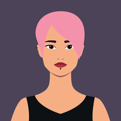 Wall Mural - Portrait of a beautiful informal woman with pink hair and piercing. Avatar for social media. Abstract female portrait in flat style