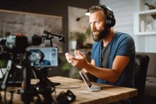 Candid Image Of A Man Recording A Video Podcast Or YouTube Video. He's Speaking Into The Camera, Illustrating The Spontaneity And Authenticity Of Contemporary Digital Communication, Generative Ai