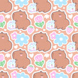 Cute seamless pattern with strawberry, capybara and tulips for kids design. Girly background, print for fabric, wrapping paper.