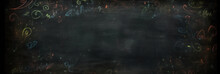 Blackboard Background With Space For Text And Chalk Doodles Frame. Generative AI.