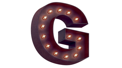 Light bulb glowing letter alphabet character G font. Perspective view illuminated capital symbol on transparent background. 3d rendering illustration. casino letters.