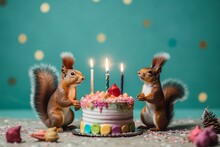 Colorful Party Card With Happy Squirrels Holding Birthday Cake, Versatile Greeting Or Background. Generative AI