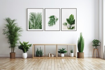 Illustration of a mockup of three square frames on a white gallery wall with a hardwood floor, palm leaves, and a potted plant with green leaves. Generative AI