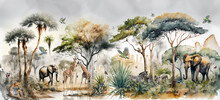 Watercolor Painting Style, High Quality, Landscape On An African Tropical Jungle With Trees Next To A River With Giraffes, Elephants And Birds, In Coordinating Colors - AI Generative