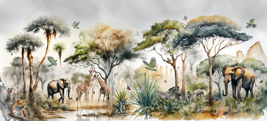 watercolor painting style, high quality, landscape on an african tropical jungle with trees next to 