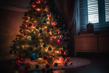 Wall Mural - Modern Christmas tree decorated colorful balls in living room at home. Background for display or montage your products. Close up. Copy space. Generative AI.