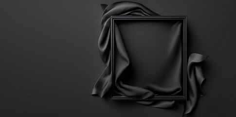 Black luxury silk cloth over photo frame. With copy text space. Mock up template for product presentation. Wallpaper banner. 3D rendering