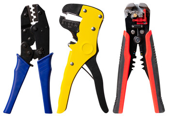 Wire stripper and crimper for electrical wires on an isolated background. Tools for electricians.