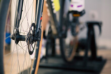 Front Bicycle Wheel With Disk Brake On An Indoor Scene