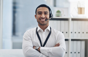 Aufkleber - Smile, headset and a man in a call center for customer service, telemarketing or help desk. Asian male person with arms crossed for contact us, telecom support or crm consultant or agent at a company