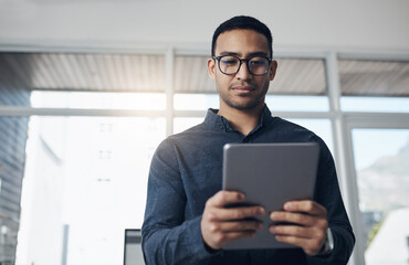 Poster - Email, research and a businessman with a tablet at work for connectivity and communication. Internet, reading and a corporate worker with an online app for a professional career as a lawyer in office