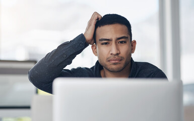 Aufkleber - Business, confused and man with a laptop, stress and schedule with internet connection, thinking and online reading. Male person, employee and entrepreneur with a pc, anxiety and glitch with error