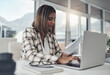 © Norman L/peopleimages.com - Business analyst, laptop and woman typing paperwork in office workplace. Documents analysis, computer and female person reading, working and analyzing data, graphs or charts for finance statistics.