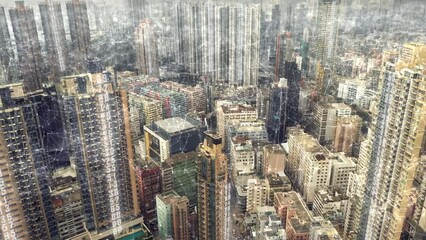 Poster - Smart city, network and light for connectivity, future communication or cloud computing by buildings. Futuristic cityscape, internet or connection speed for global cyber development with digital link