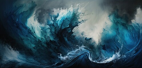 Wall Mural - Blue waves smoky background, abstract splashing sea water, generative ai