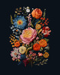 Composition of embroidered flowers on a black background. Modern trendy style.  Generative AI