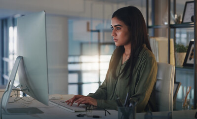 Sticker - Computer, night and focus with a woman editor working in her office for a journalism or news report. Typing, editing and reporting with a young journalist at work on a desktop for online content