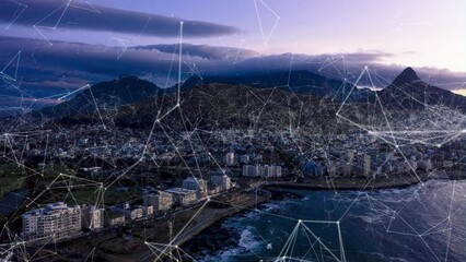 Poster - Smart city, network and light by buildings for connectivity, future communication or cloud computing. Futuristic cityscape, fast internet or connection speed for global cyber development in Cape Town