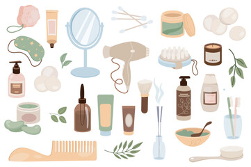 Aufkleber - Bathroom items mega set graphic elements in flat design. Bundle of creams, mirror, cotton buds, cosmetics, sleep mask, lotion, hair dryer, massage brush, other. Vector illustration isolated objects