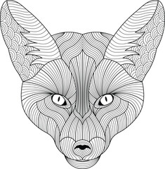 Black white hand-drawn wild fox head animal hibiscus coloring book page for kids and adults.
