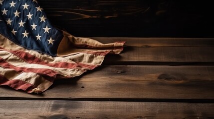 Wall Mural - star striped flag of the USA on rough dark wooden surface with blank space for text. Generative AI