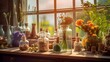 © shustrilka - Bottles and tinctures or potions and dry healthy herbs, a bunch of medicinal herbs in glass bottles on the window. Herbal medicine. Retro style, AI generated