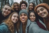 Fototapeta  - Young and vibrant friends of different ethnic backgrounds taking a selfie together against a picturesque outdoor backdrop