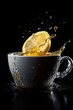 © InspiringMoments - A slice of lemon falls into the white cup with tea, stands on a reflection surface. Generative AI