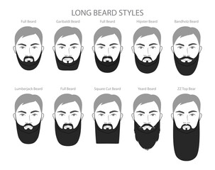 Set of Long Beard and mustache with name text style men face illustration Facial hair. Vector black grey portrait male Fashion template flat barber collection. Stylish hairstyle isolated on white