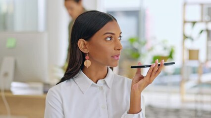 Poster - Voice notes, audio and business woman with a phone talking about a work schedule and networking. Planning, conversation and young female employee at a desk with mobile on speaker for communication