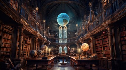 Envision an ancient library of immeasurable knowledge, filled with towering bookshelves, mysterious tomes, and celestial globes. Convey a sense of wisdom, reverence, and the allure of hidden knowledge