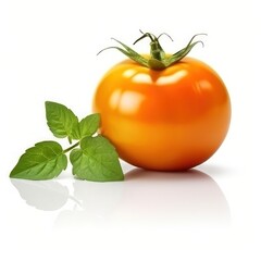 Wall Mural - Orange single realistic shiny tomato on white background. AI generative illustration.