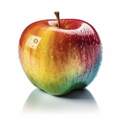 Wall Mural - Rainbow colored single realistic shiny apple with water drops on white background. AI generative illustration.