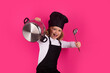 canvas print picture - Fynny kid chef cook with cooking pot and ladle. Cooking children. Chef kid boy in form of cook. Child boy with apron and chef hat preparing a healthy meal on studio isolated background.