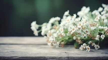 illustration, white spring flowers on a blank wooden table, ai generative