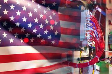 Poster - Network hardware. USA flag. Internet communication tech. Network equipment made in America. USA flag with electric wires. Network equipment for American companies. Internet technologies USA. 3d image