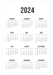 Wall Mural - Calendar 2024, Calendar 2024 - Week Starts Sunday. One Page 2024 Calendar Planner Template.