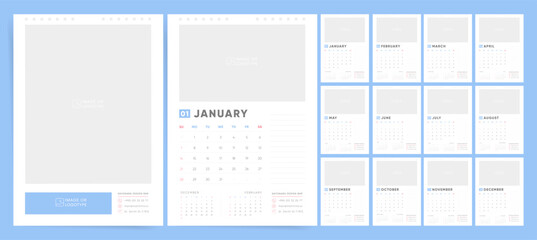 Wall Mural - 2024 Calendar. 12 Pages of Wall Calendar Templates with Photo Slot. Week Begins on Sunday. A Complete Set Covering All 12 Months.