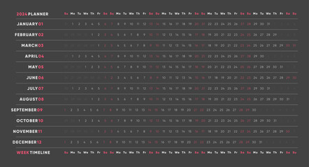 Wall Mural - 2024 Yearly Planner: Black Grid Calendar Template with Monthly Layout. Designed for Desktop & Wall Display, Ideal for Office, Work, Study, and Management.