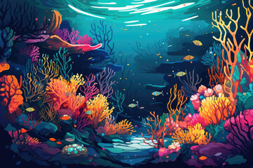 Naklejka na meble Coral Reef and Fish Graphic: Bold Lines and Vibrant Colors Background Created with Generative AI
