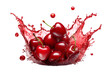 fresh ripe cherry with cherry juice splash isolated on transparent background