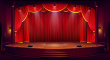 Cartoon Theater Stage With Red Curtains. Vector Classic Theatre Scene For Performance, Opera, Concert, Dance Or Music Show. Background With Glowing Spotlights Illumination On Wooden Floor And Stairs