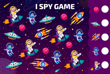 I spy game worksheet. Cartoon kid astronauts, aliens, ufo and space planets. Vector mathematics riddle count how many objects. Children test, education task for calculation and baby mind development